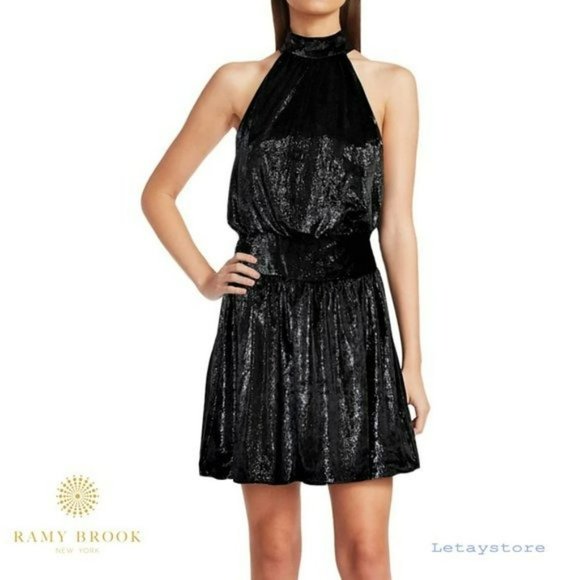 NWT Stunning RAMY BROOK Ellin Shimmer Velvet Halter Party Cocktail Mini Dress - Picture 1 of 6